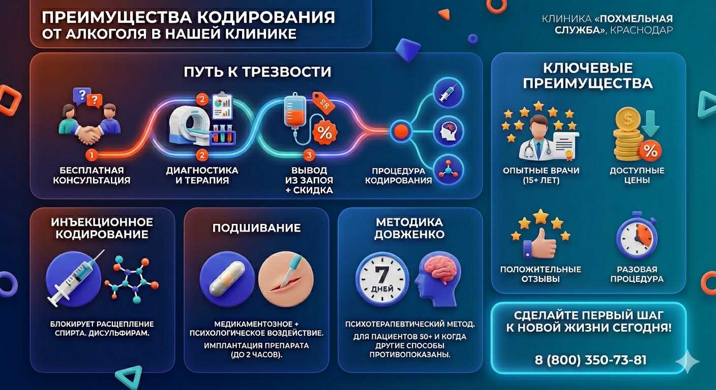 Инфографика о методах кодирования от алкоголя в Алексеевке: инъекции, подшивание, метод Довженко. Преимущества клиники и этапы лечения.